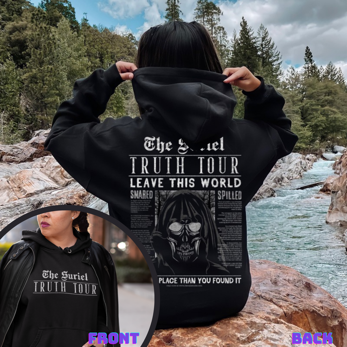 The Suriel Truth Tour hoodie in black, back print with front chest detail inset, ACOTAR merch inspired by Sarah J. Maas