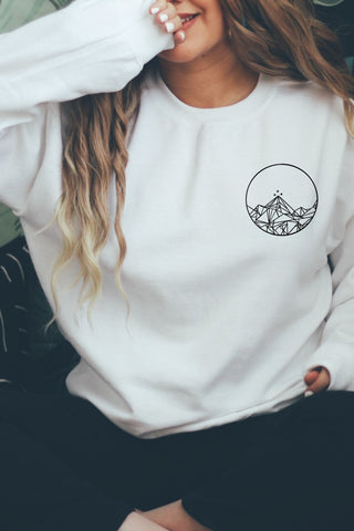 Front view of white sweatshirt with minimalist mountain tattoo design inspired by Feyre from A Court of Thorns and Roses by Sarah J. Maas