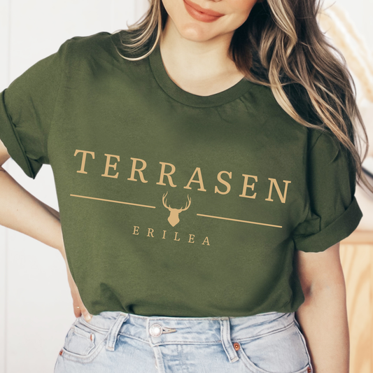 Olive Terrasen t-shirt with stag emblem — Throne of Glass merch inspired by Sarah J. Maas
