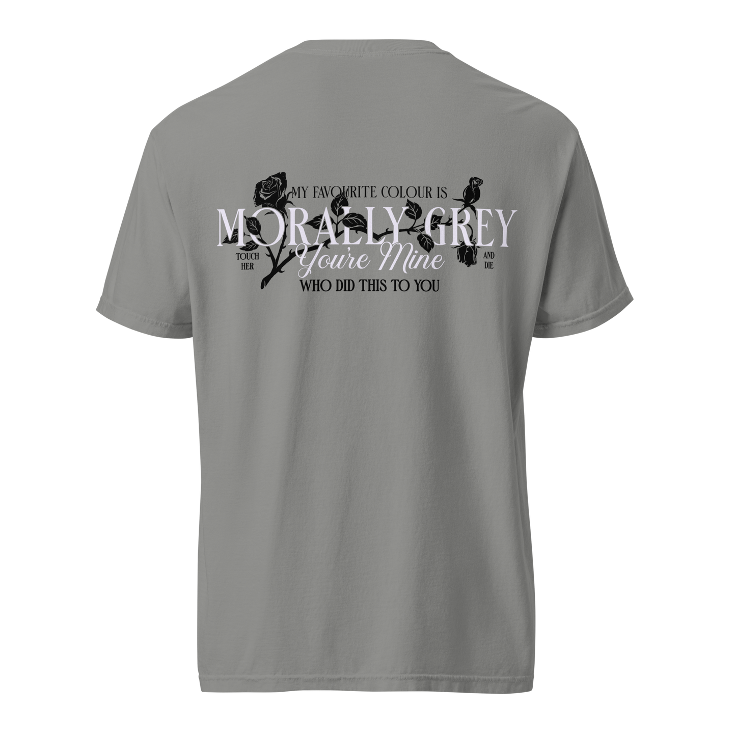 Morally Grey Vol 2 T-Shirt — bookish merch by Caffeine and Curses. He's not a villain — he's morally grey. Hand-designed in Australia.