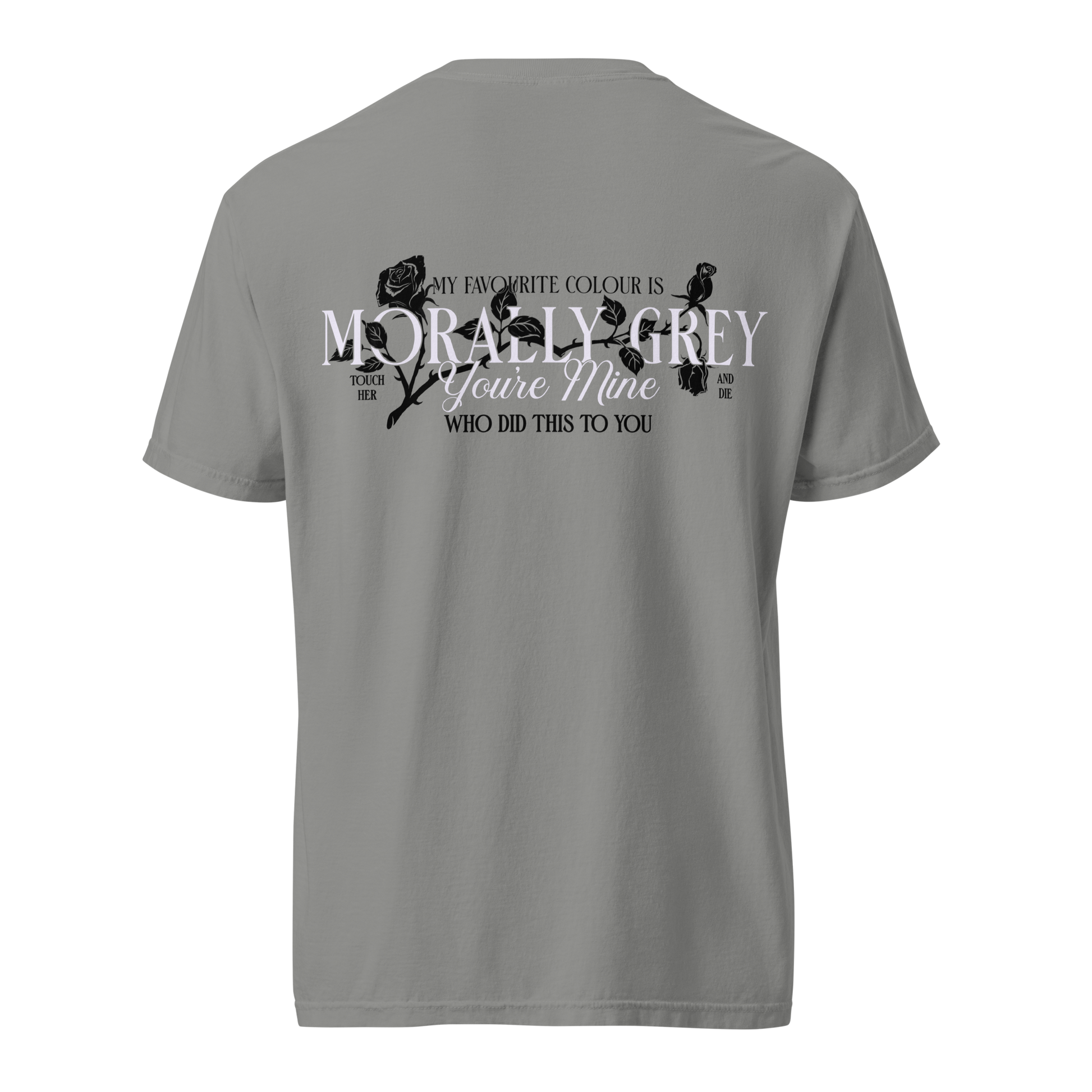 Morally Grey Vol 2 T-Shirt — bookish merch by Caffeine and Curses. He's not a villain — he's morally grey. Hand-designed in Australia.