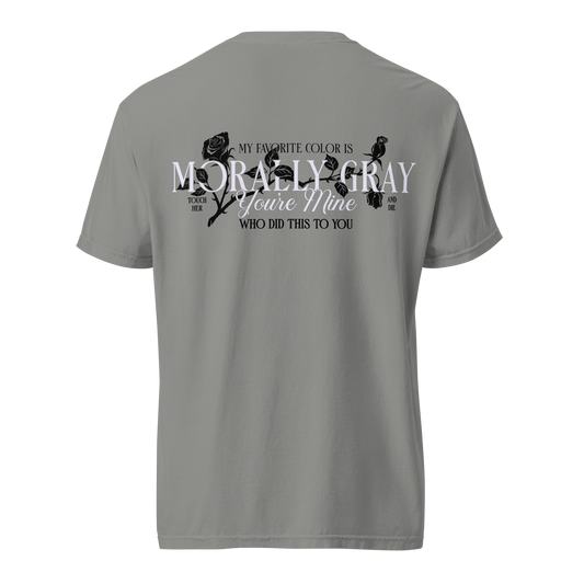 Morally Grey Vol 2 T-Shirt — bookish merch by Caffeine and Curses. He's not a villain — he's morally grey. Hand-designed in Australia.