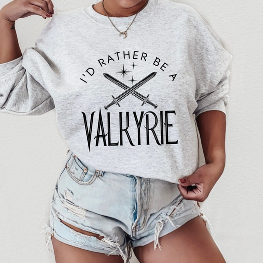 Ash grey I'd Rather Be a Valkyrie sweatshirt with crossed swords across the front, ACOTAR merch inspired by Sarah J. Maas
