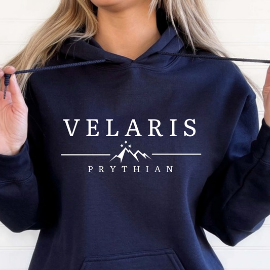 Navy Velaris Prythian hoodie with white print, ACOTAR merch inspired by Sarah J. Maas