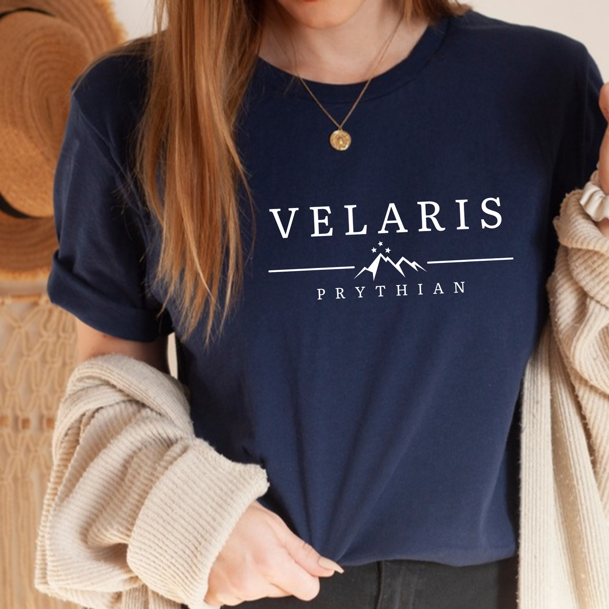 Navy Velaris Prythian t-shirt with white print, ACOTAR merch inspired by Sarah J. Maas