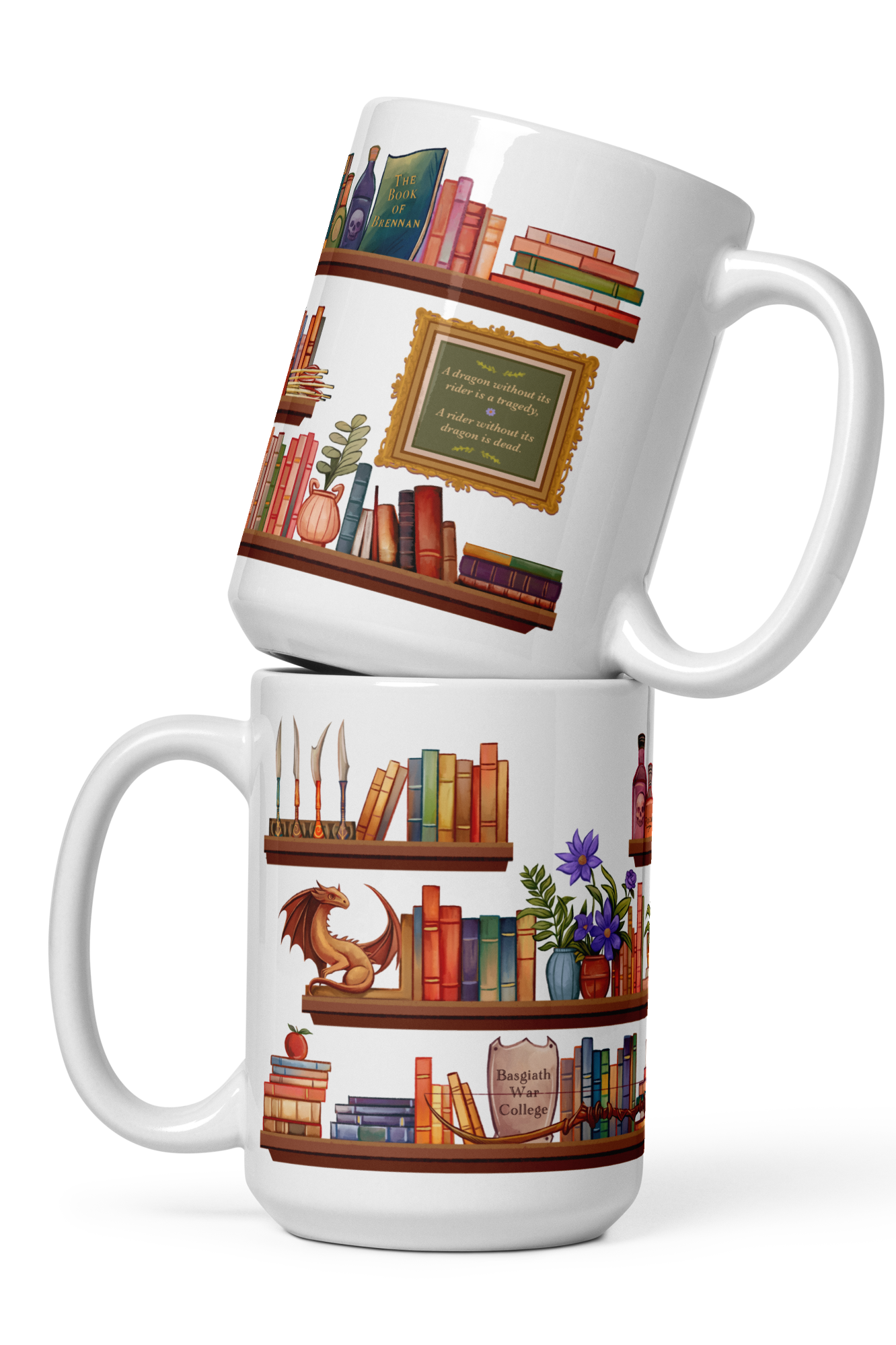 Fourth Wing Shelfie Mug — Fourth Wing merch by Rebecca Yarros. Coffee, books, dragons — the threshing essentials. Hand-designed in Australia, officially licensed.