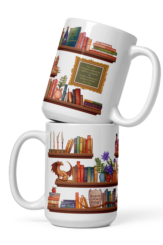 Fourth Wing Shelfie Mug — Fourth Wing merch by Rebecca Yarros. Coffee, books, dragons — the threshing essentials. Hand-designed in Australia, officially licensed.