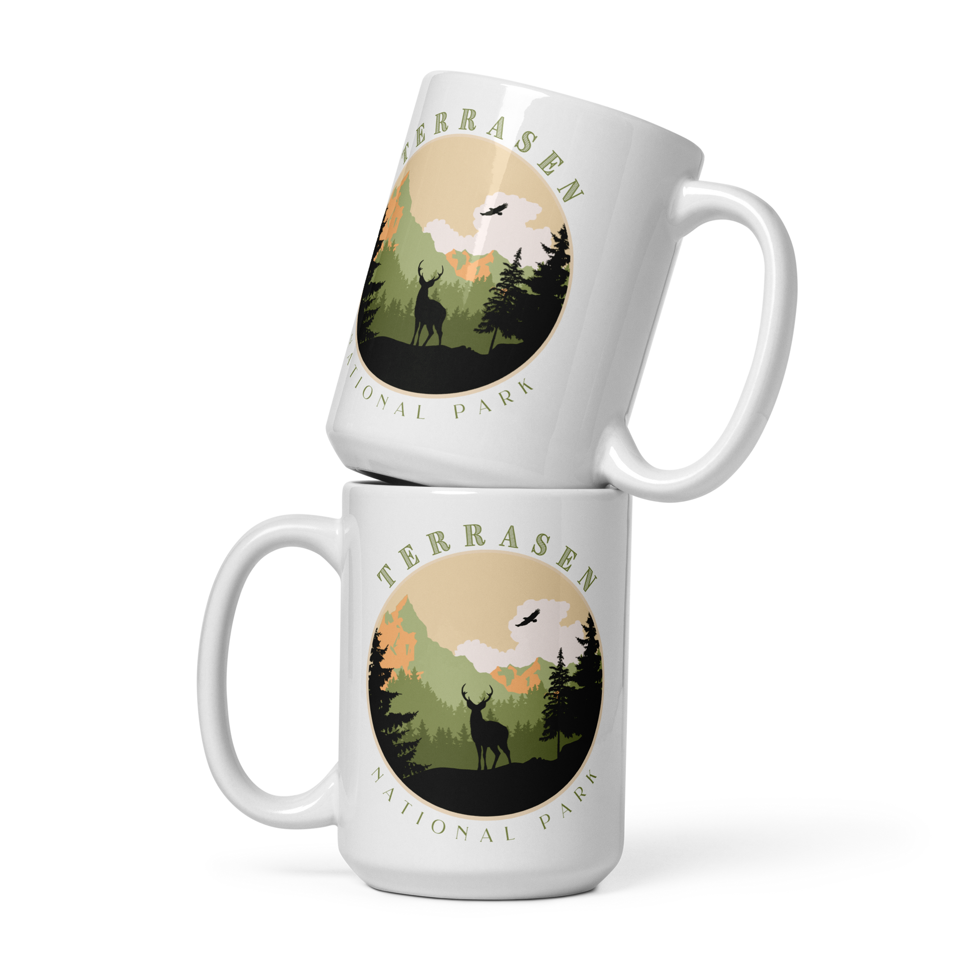 Terrasen National Park Mug — Throne of Glass merch by Sarah J. Maas. Coffee for the stag and the pine forest. Hand-designed in Australia, officially licensed.